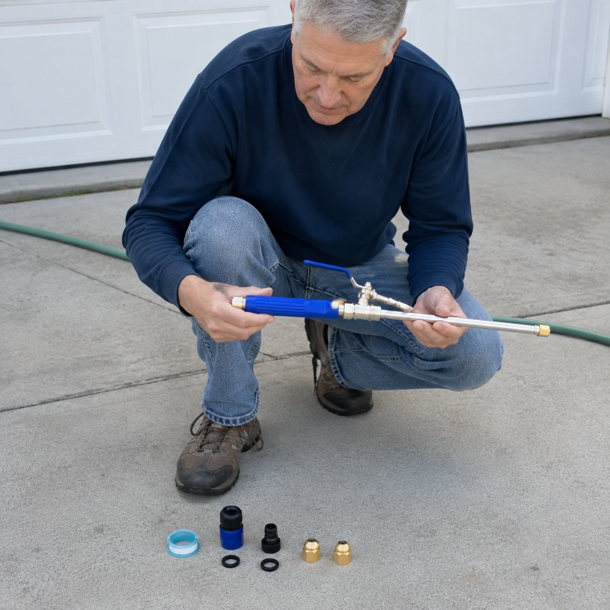 Everything included with JetHose laid out on a driveway