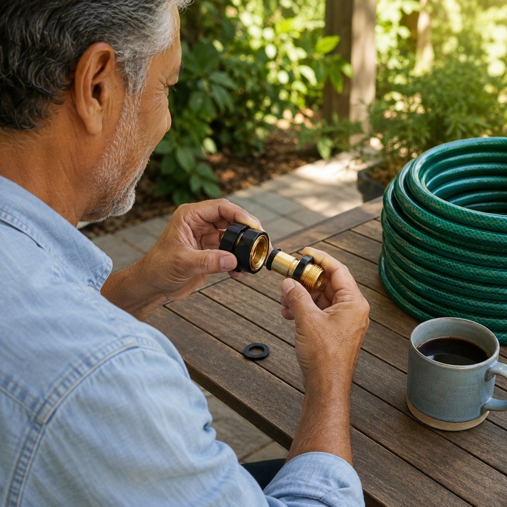 Over the shoulder: a man at a patio table holding both pieces of the garden hose quick connect with the rubber washer on the table