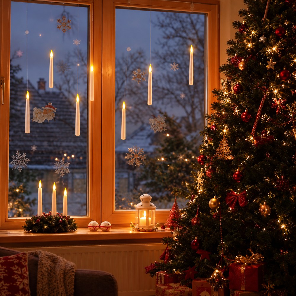 Pomence LED Floating Candles hanging in front of a window beside a Christmas tree