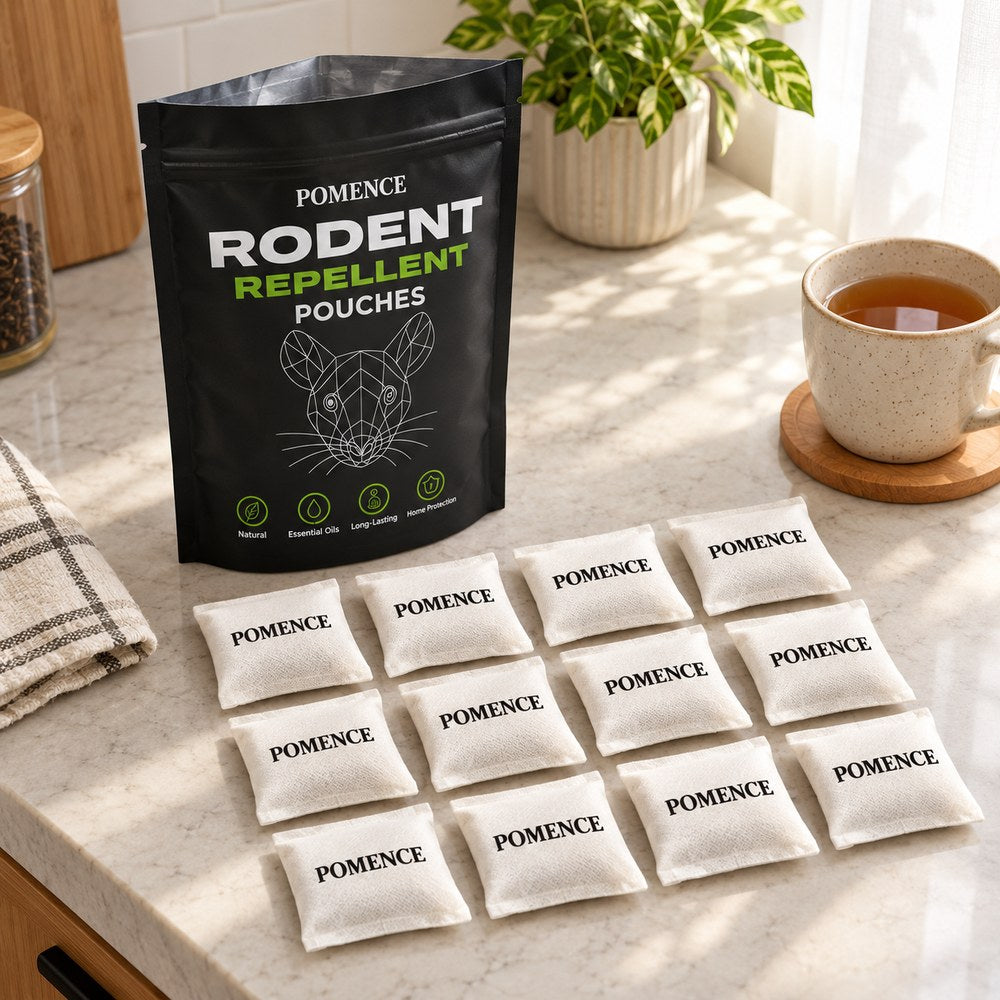 The open Pomence Rodent Repellent Pouches bag on a kitchen counter with all twelve white sachets laid out beside it