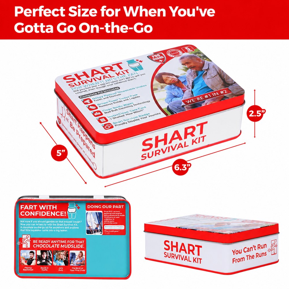 The Pomence Shart Survival Kit tin measures 6.3 x 5 x 2.5 inches, shown from the top, the back and the side