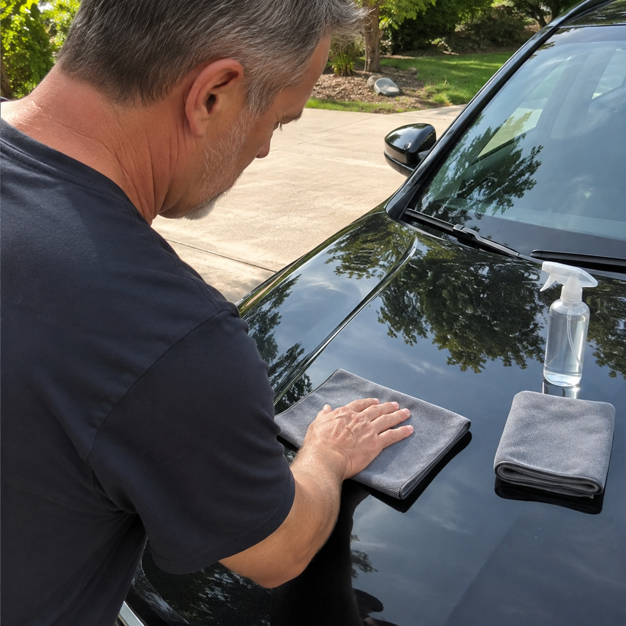 Car Cloth being used on a car hood in a bright driveway