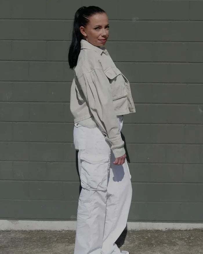 Khaki cargo pants with the built-in belt at the waistband