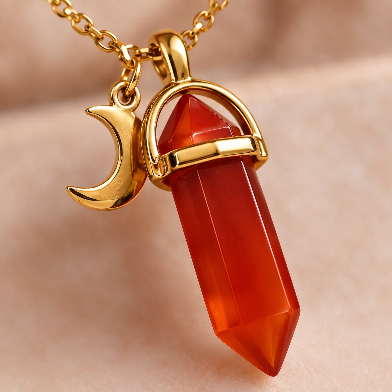 Macro of the gold stirrup bail and its single cross-bar over the crown of the carnelian point