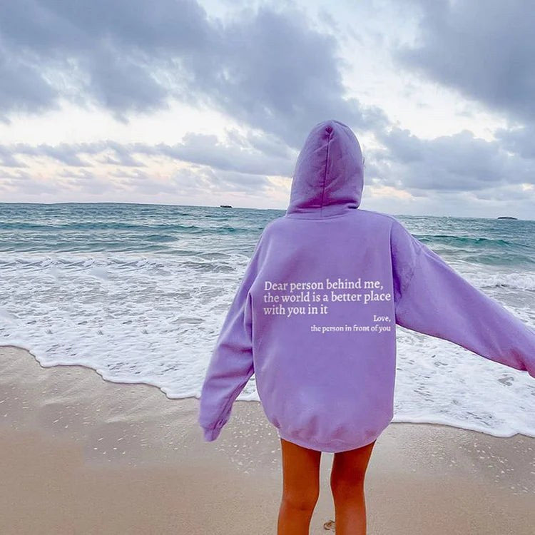 Dear Person Behind Me sweatshirt in purple by the sea