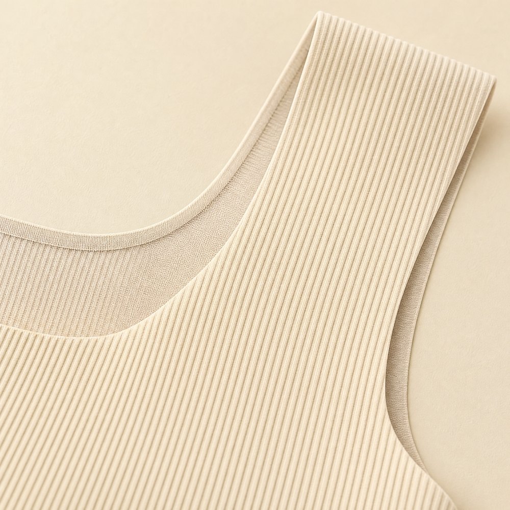 Close-up of the soft ribbed knit of the Pomence Front-Support Bra Tank