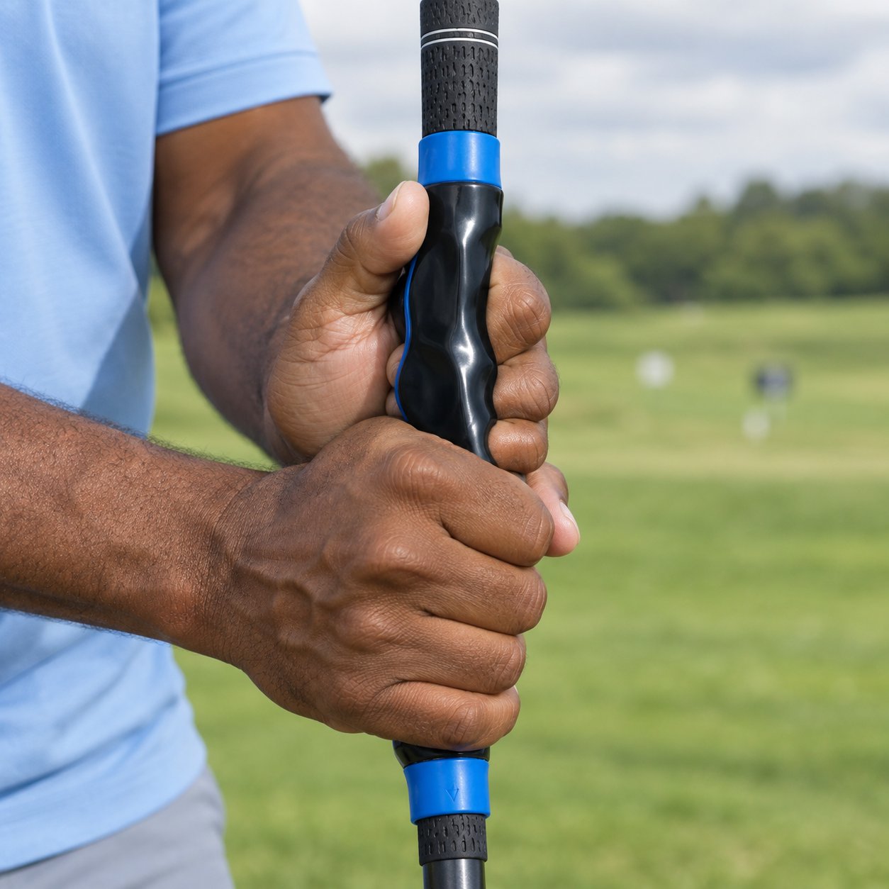 The Pomence Golf Grip Trainer clipped on a driver grip with both gloved hands seated in the molded channels at address