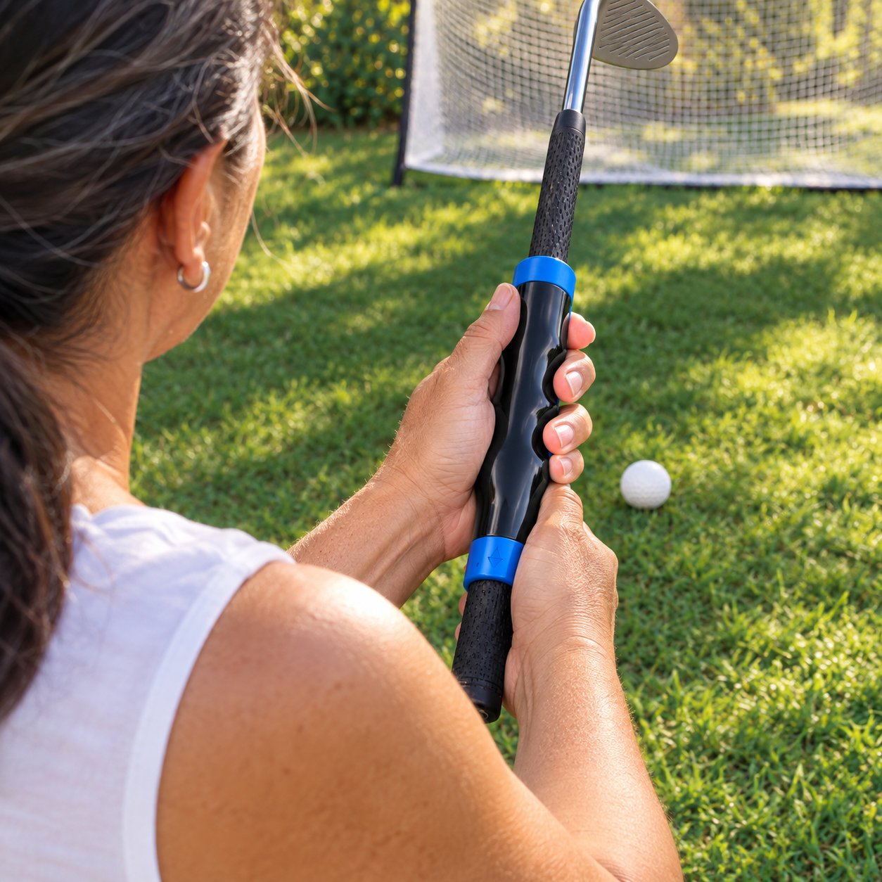 A hand pressing the Pomence Golf Grip Trainer down onto the lower half of an iron grip until the collar seats