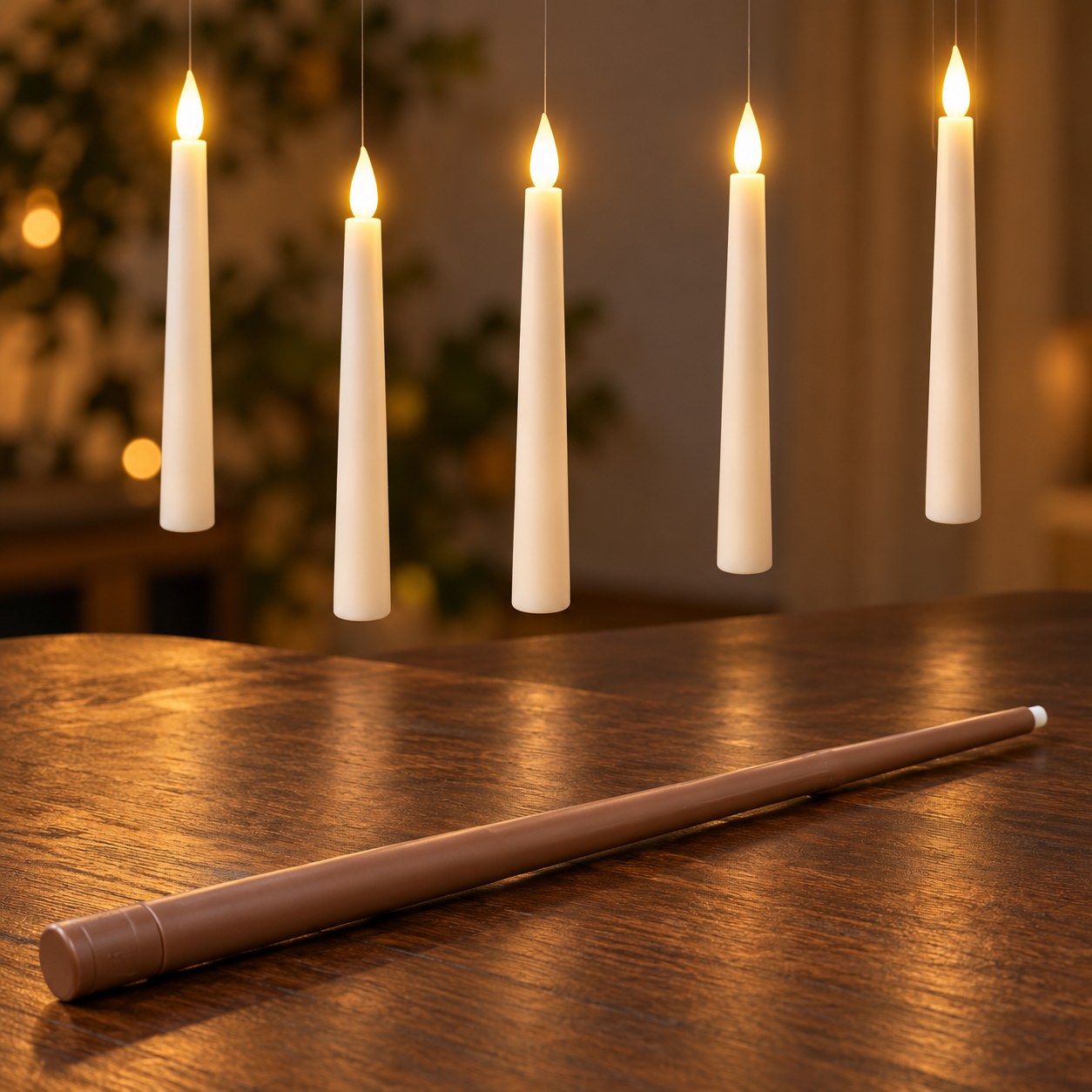 The brown magic wand remote of the Pomence LED Floating Candles on a wooden table