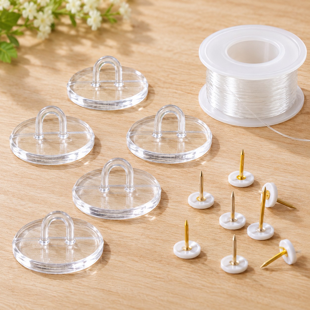 The clear hooks, pushpins and hanging line that come with the Pomence LED Floating Candles