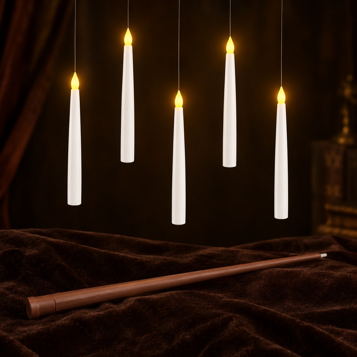 Pomence LED Floating Candles glowing above the wand remote on a dark background