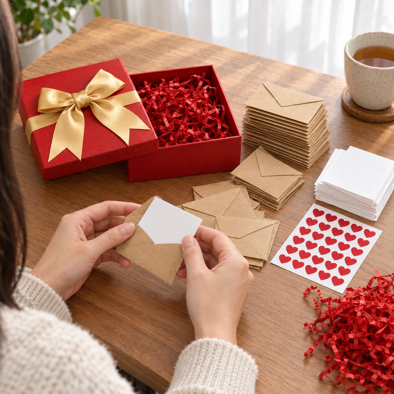 The Pomence Love Notes Gift Box open on a table with envelopes, blank notes and heart stickers laid out