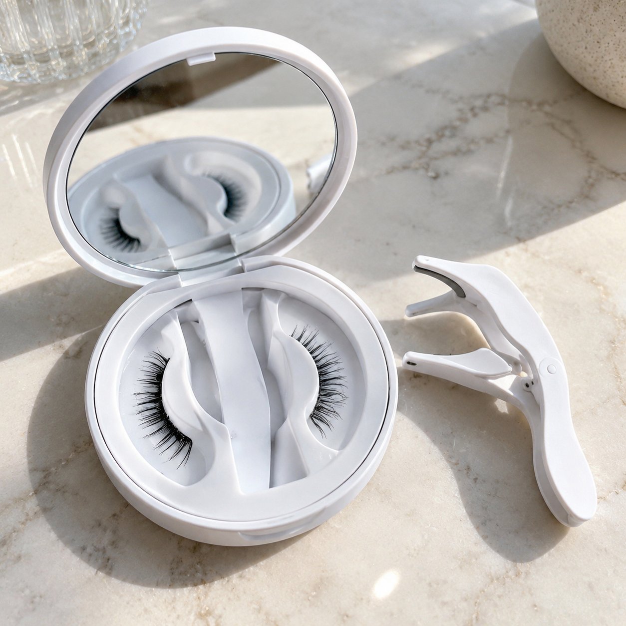 Pomence soft magnetic eyelashes kit open in its round case