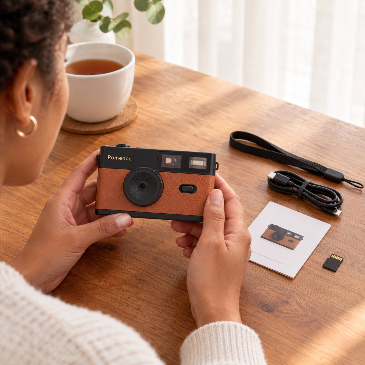 The Pomence Mini Retro Camera on a table with its wrist strap and USB-C cable laid open beside it
