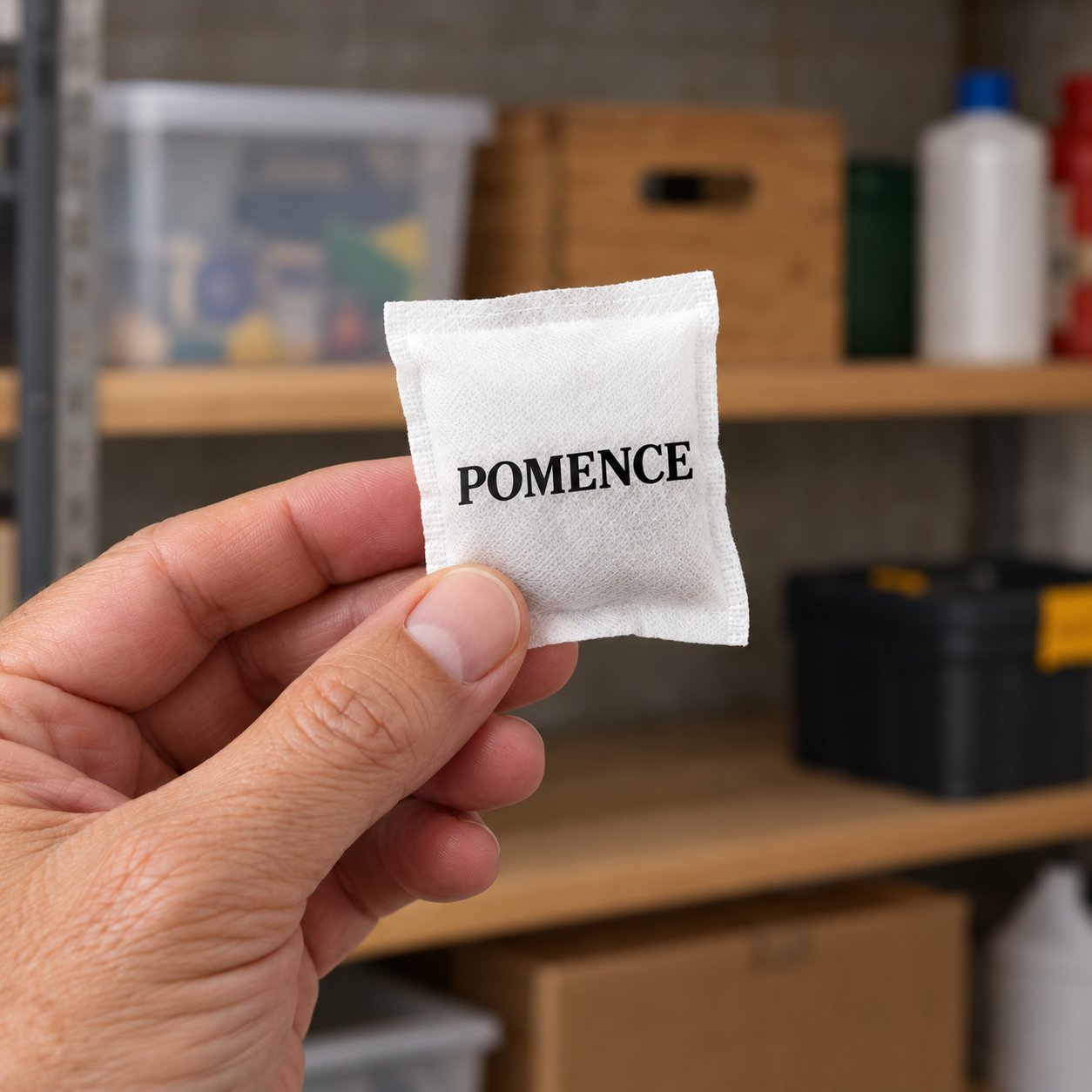 A hand holding one small white Pomence sachet between two fingers to show its size