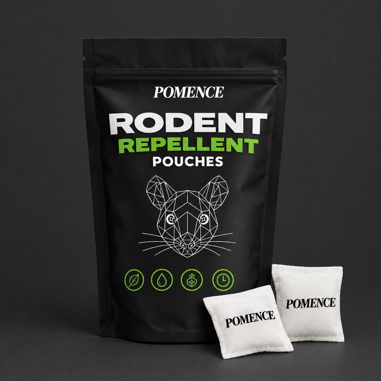The black Pomence Rodent Repellent Pouches bag standing on a dark background
