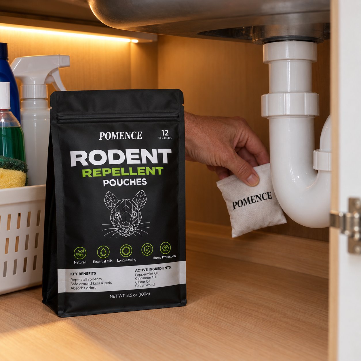 A hand tucking a white Pomence sachet pouch into the back corner of a cabinet under a kitchen sink