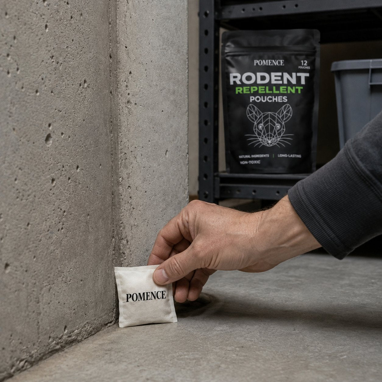 A white Pomence sachet pouch resting on a clean garage floor along the edge of the garage door