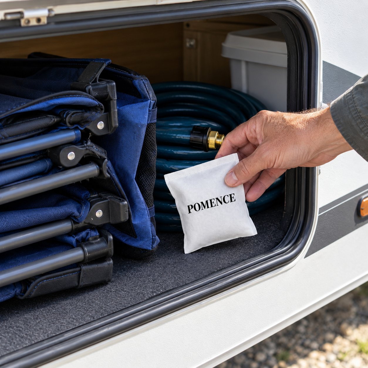A white Pomence sachet pouch placed inside an RV storage compartment next to folded camping gear