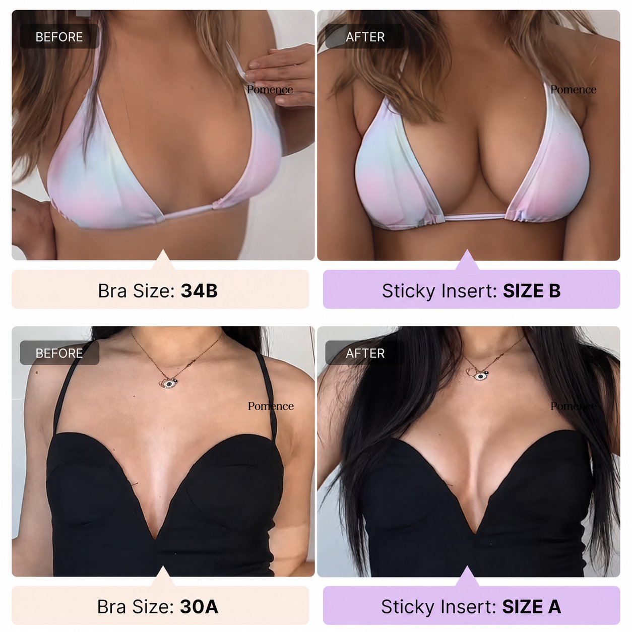 Before and after wearing a Pomence sticky bra insert in a strapless dress