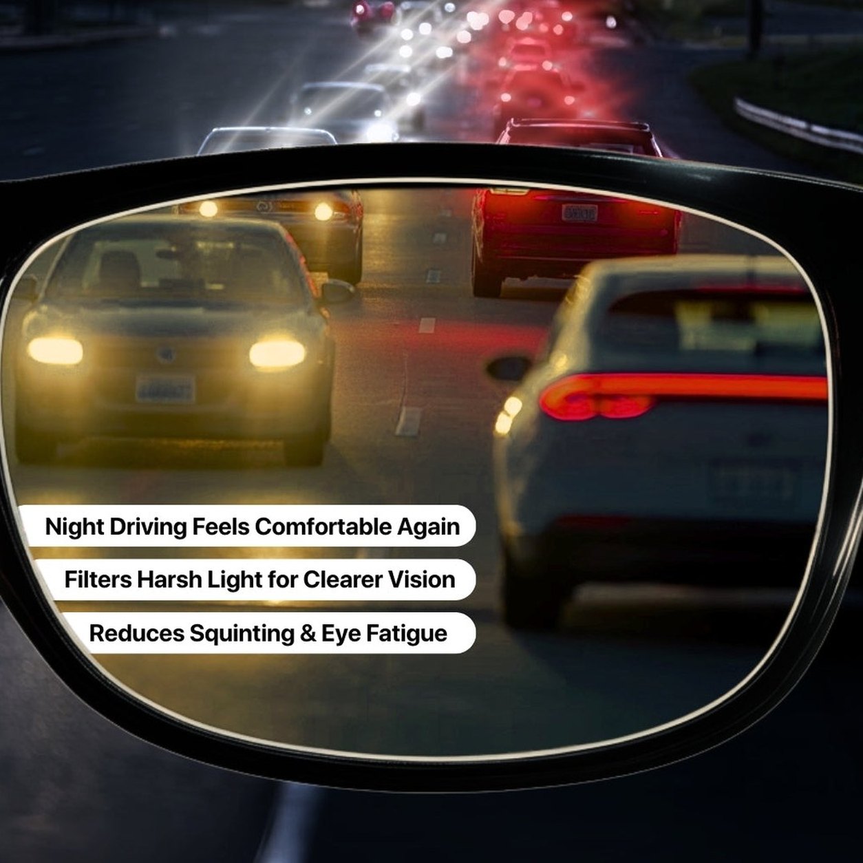 The road at night seen through the yellow lens
