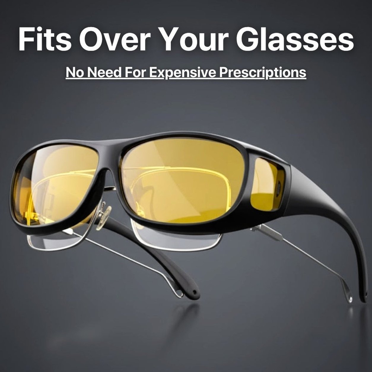 The fit-over frame sitting over a pair of prescription glasses