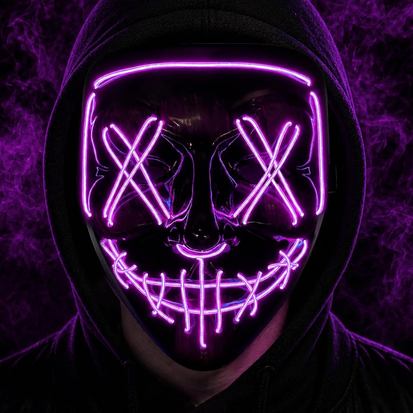 Purge-style LED light-up Halloween mask, glowing neon purple, full look