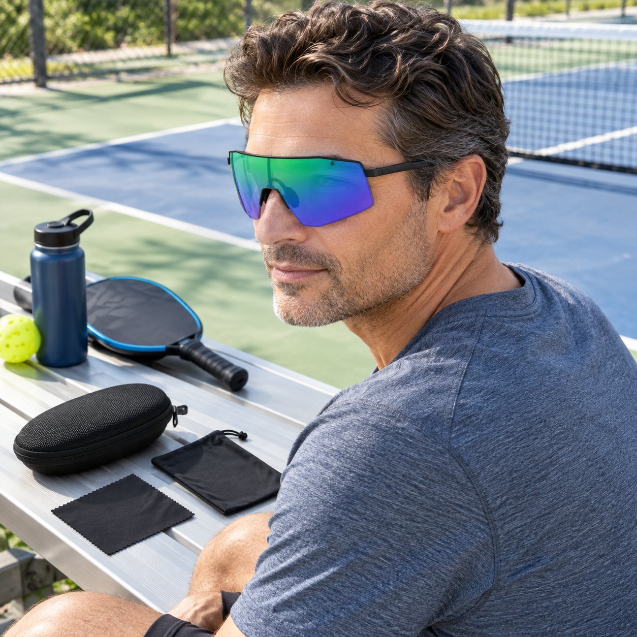 The Pomence™ Photochromic Sport Sunglasses with the zip hard case, soft pouch and cleaning cloth that ship with it