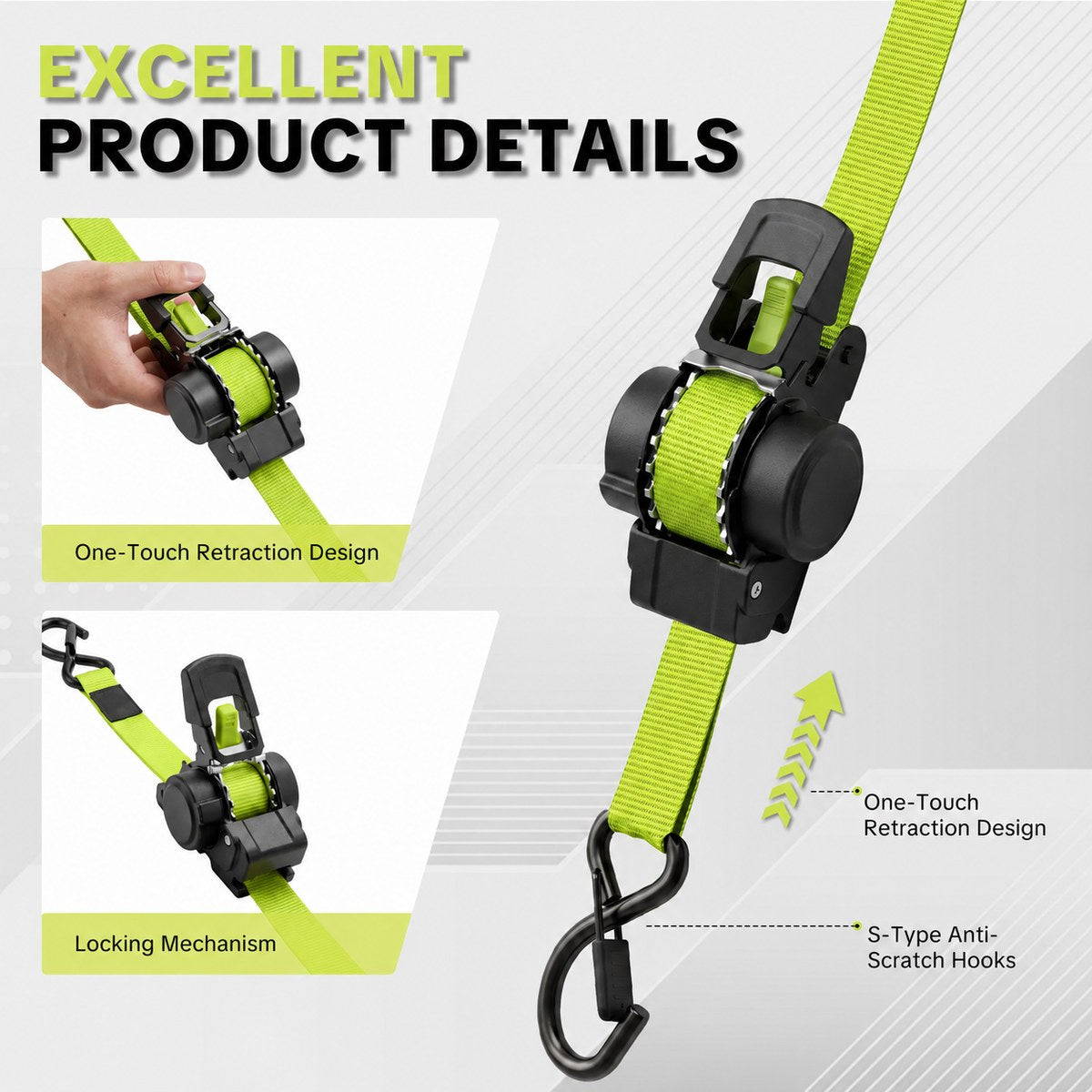 Close view of the one touch retraction design, locking mechanism and S type anti scratch hook