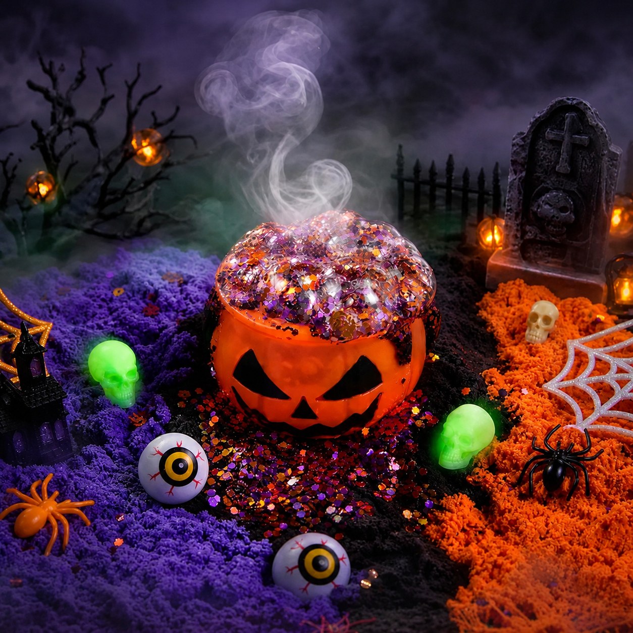 The witch's magic soup theme at night: an orange pumpkin bucket with a bubbling glitter potion on purple, black and orange play sand