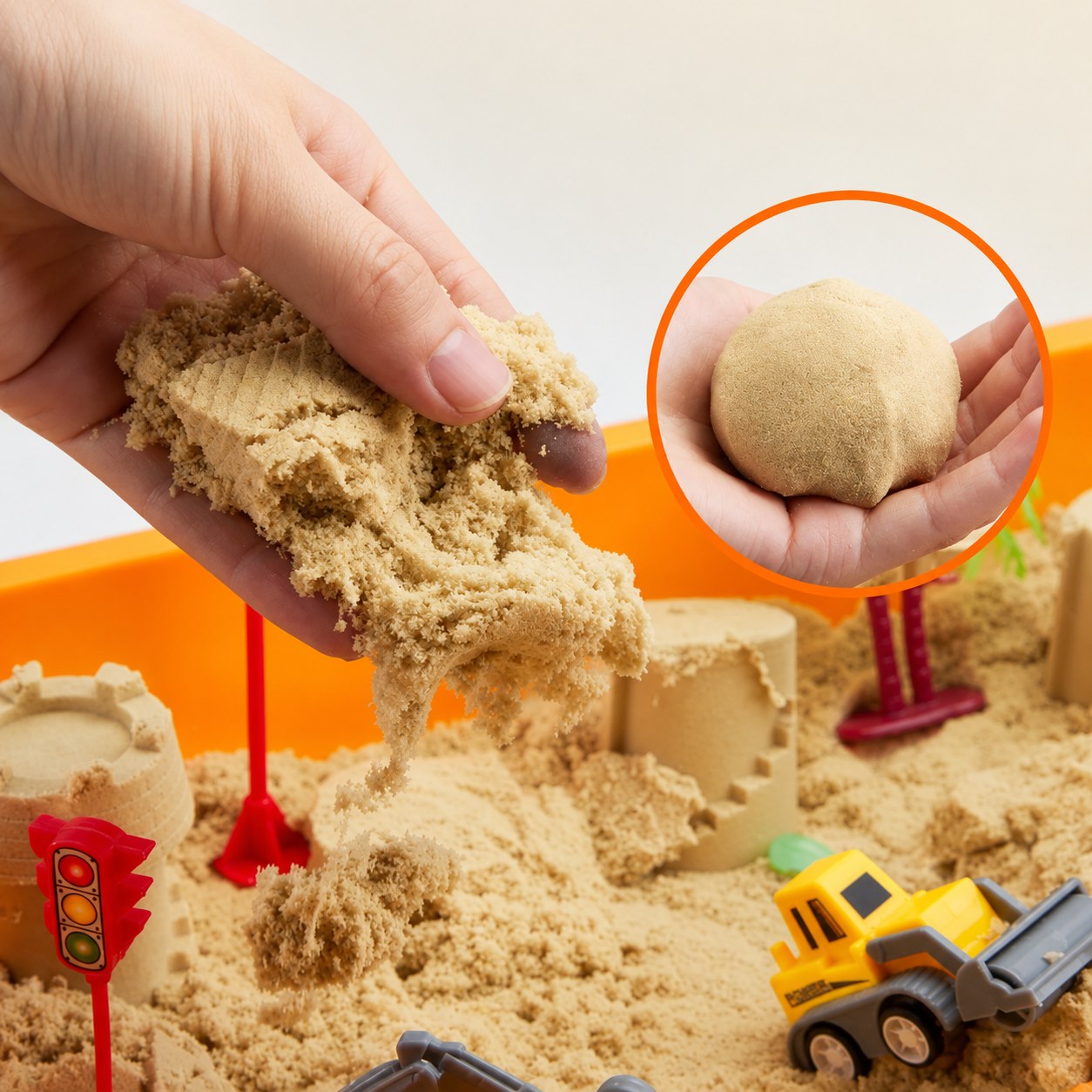 A hand squeezing the soft play sand from the Pomence Sensory Bin, with a ball of sand held in an open palm