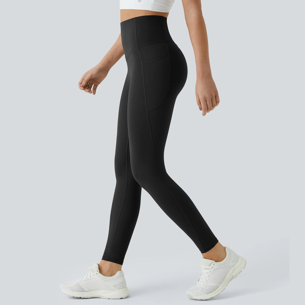 Black Pomence tummy control sculpt leggings in mid stride