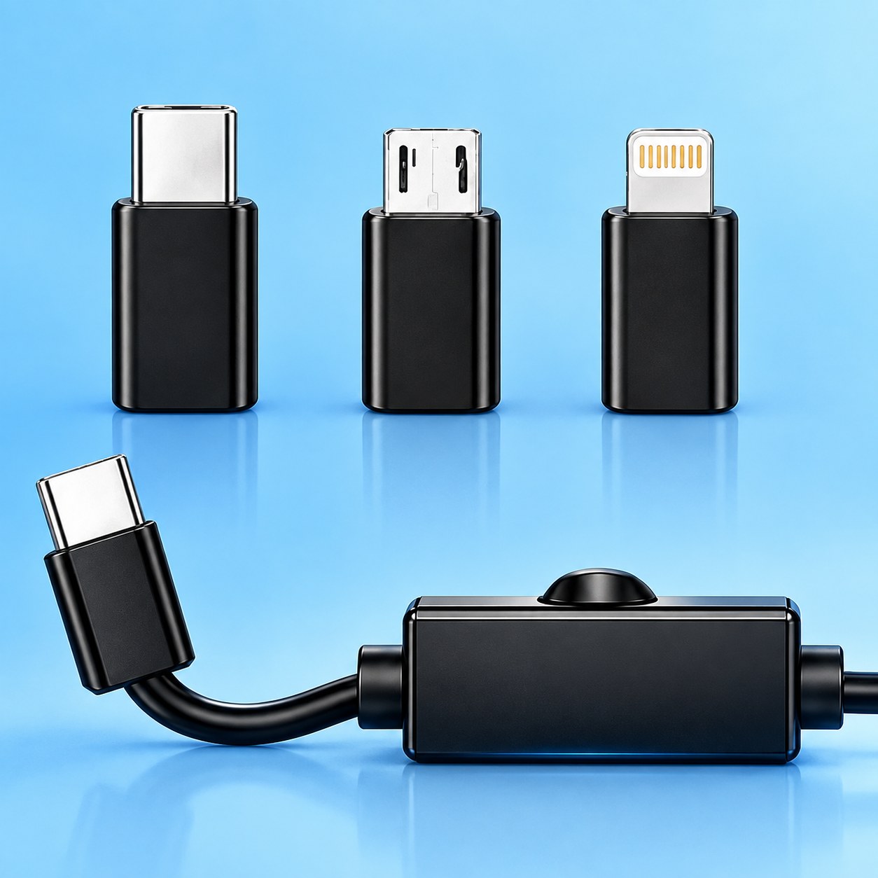 The Type-C cable end with the Lightning and Micro USB adapters of the Pomence Snake Inspection Camera