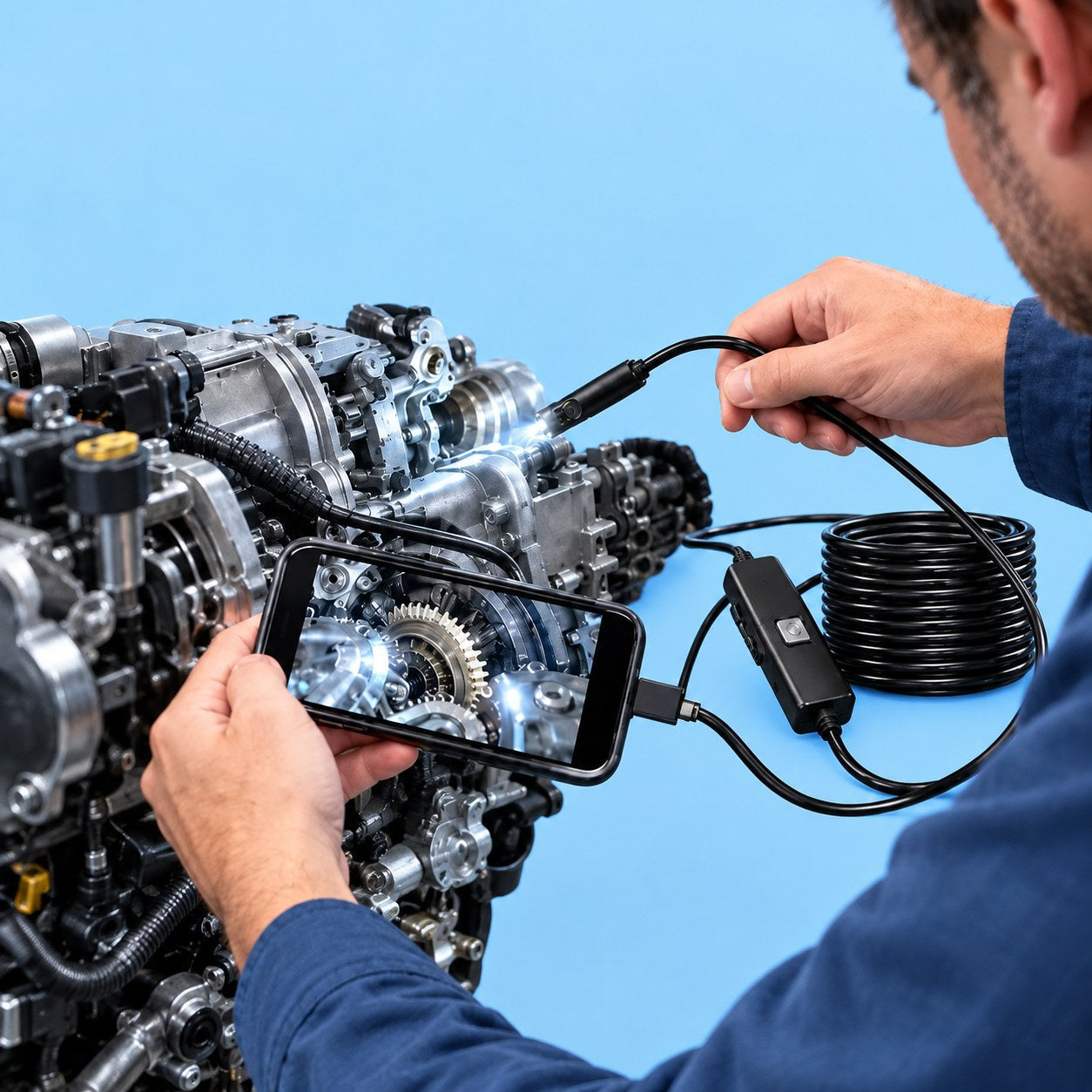 A man watching the inside of a car engine on his phone screen through the Pomence Snake Inspection Camera