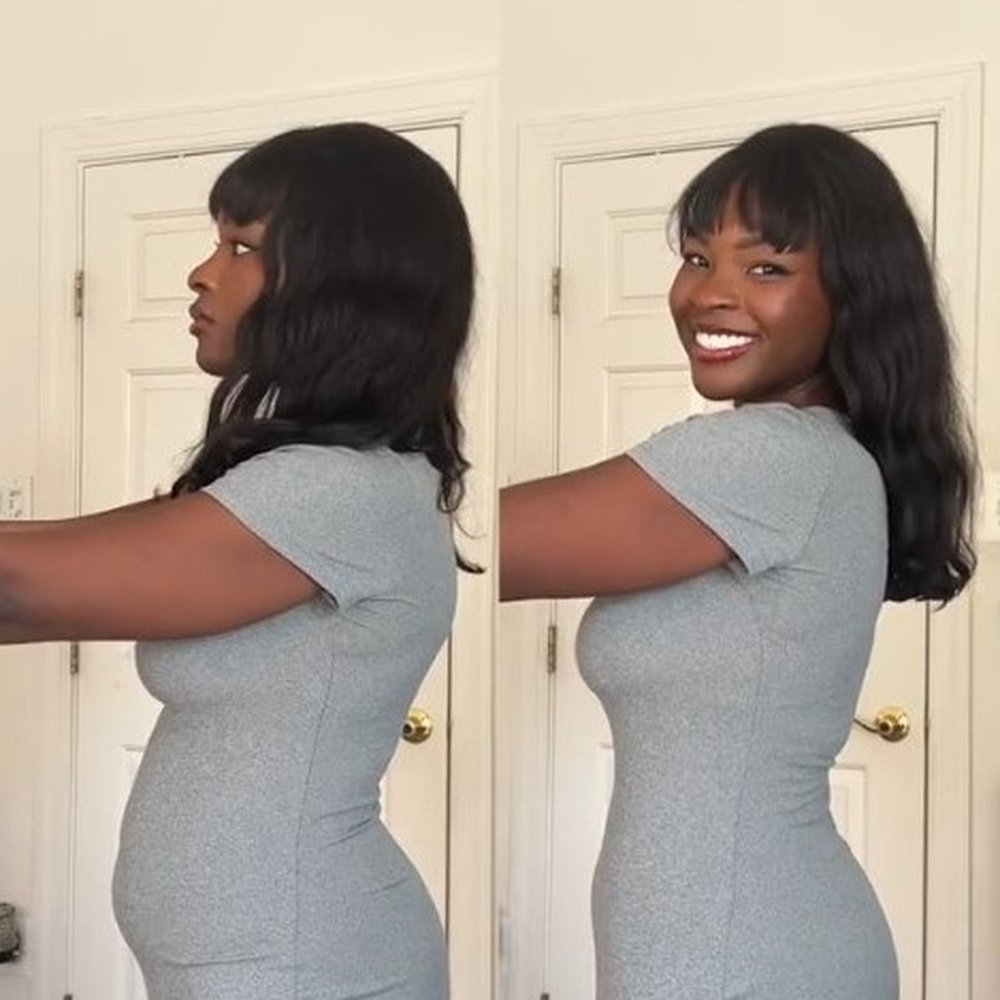 A woman in a fitted dress shown before and after putting on the slip short