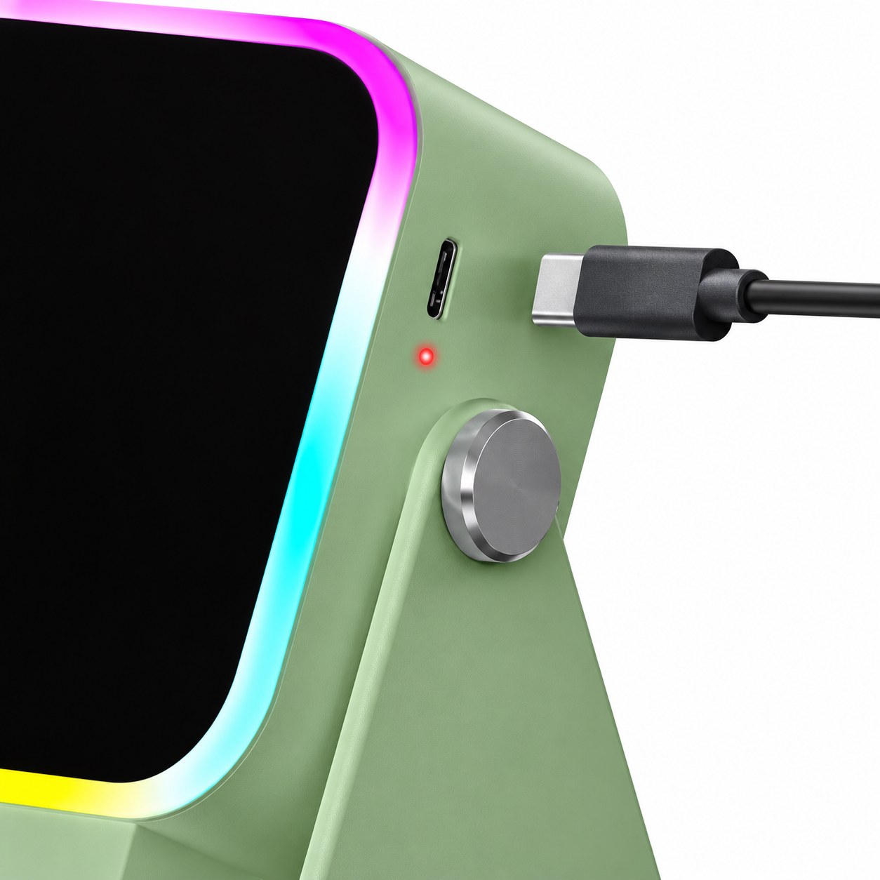 Close-up of the charging cable in the side port of the Pomence Speaker Phone Stand