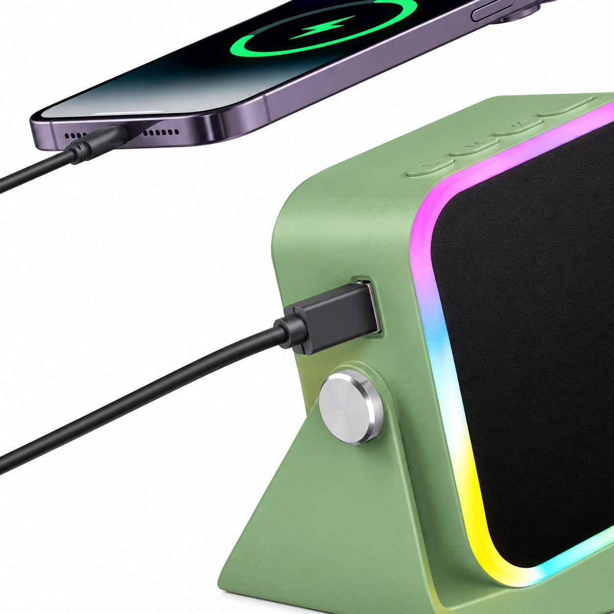 A phone charging from the side port of the green Pomence Speaker Phone Stand