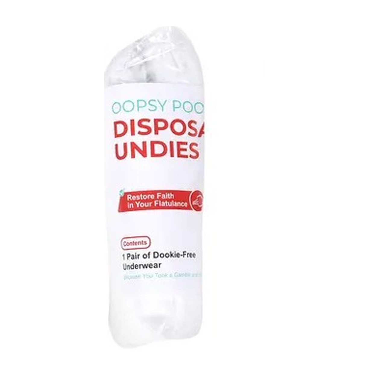 The rolled pair of Oopsy Poopsy disposable undies