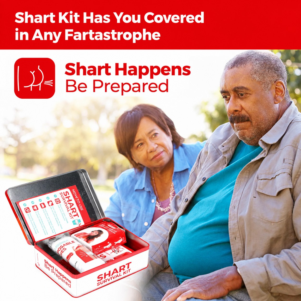 An older couple on a park bench with the open Pomence Shart Survival Kit tin in front of them