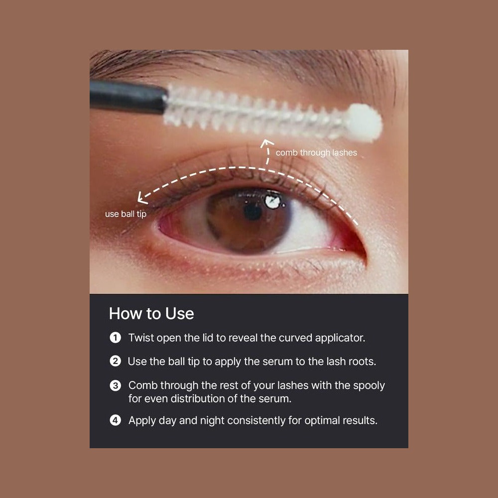 How to use: ball tip at the lash roots, then comb through with the curved brush, morning and night