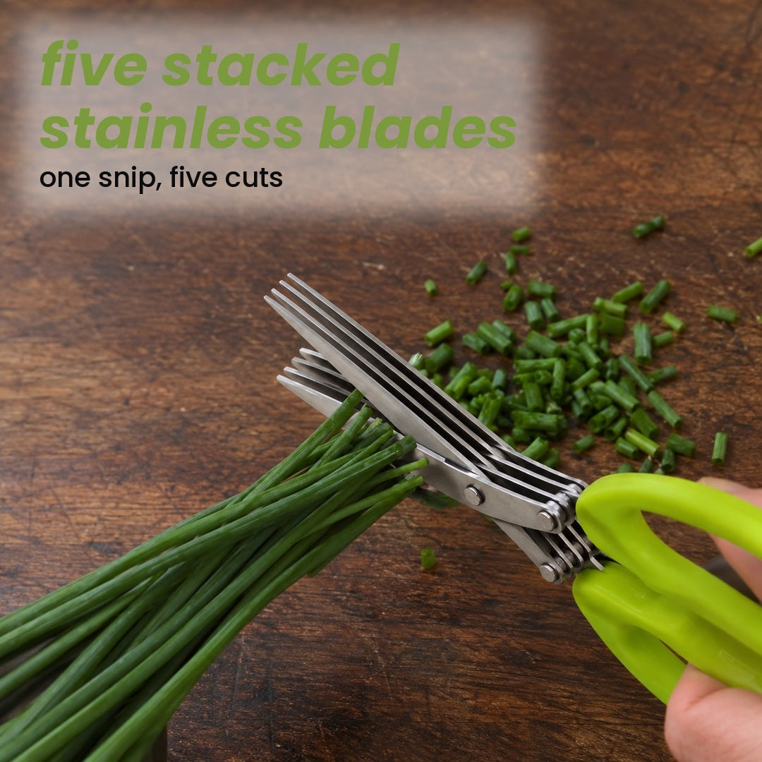 five stacked stainless blades: one snip, five cuts