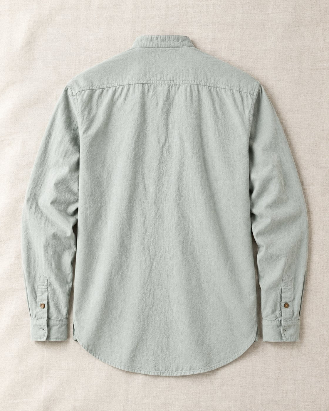 Pomence™ Soft-Touch Band Collar Shirt. Soft-touch band collar shirt, back view with shoulder yoke and curved hem