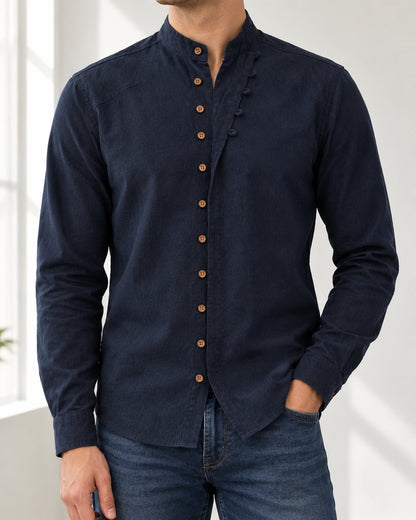 Pomence™ Soft-Touch Band Collar Shirt. Soft-touch band collar shirt worn buttoned, Midnight Navy