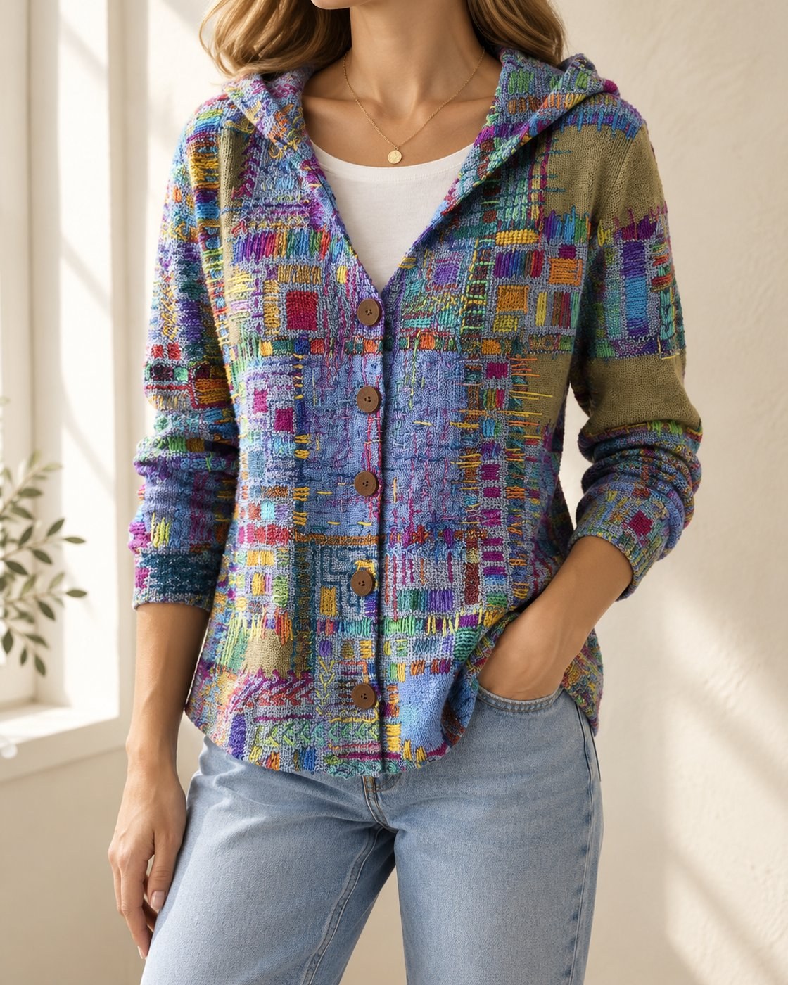 Pomence™ Button Hooded Sweater. Pomence Button Hooded Sweater, worn front view, Purple patchwork print