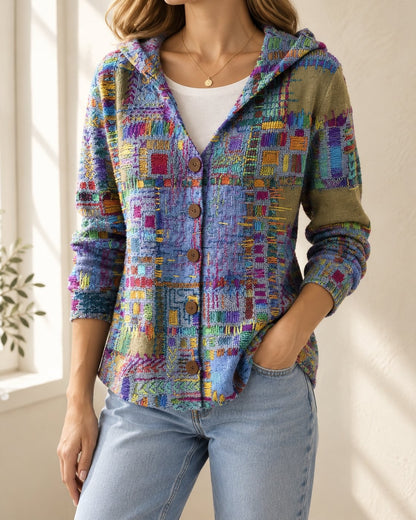 Pomence™ Button Hooded Sweater. Pomence Button Hooded Sweater, worn front view, Purple patchwork print