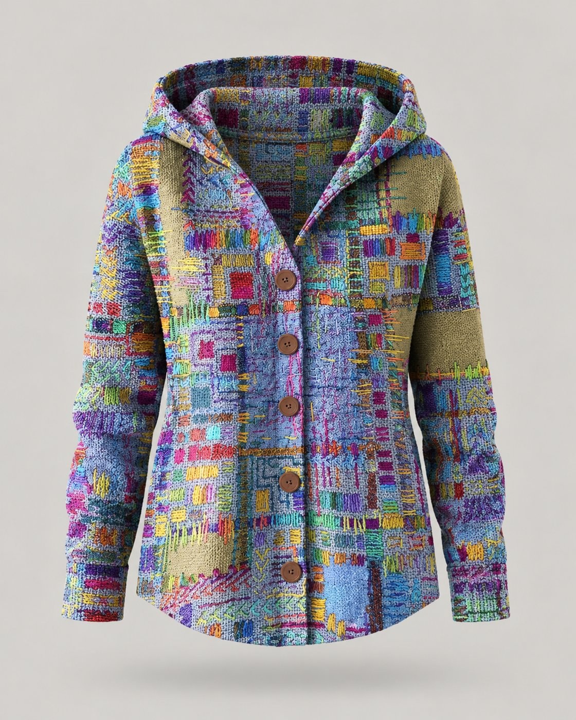 Pomence™ Button Hooded Sweater. Pomence Button Hooded Sweater, front view, Purple patchwork print