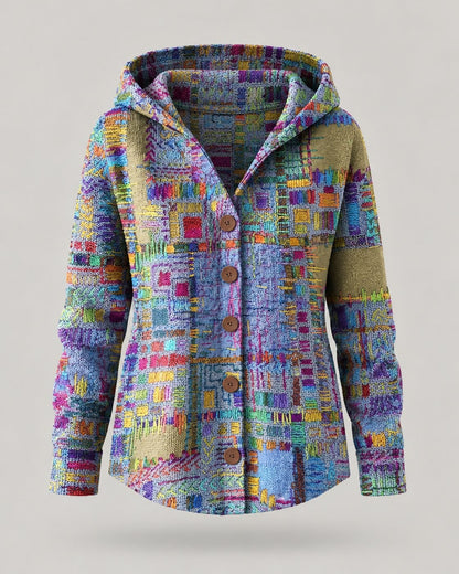 Pomence™ Button Hooded Sweater. Pomence Button Hooded Sweater, front view, Purple patchwork print