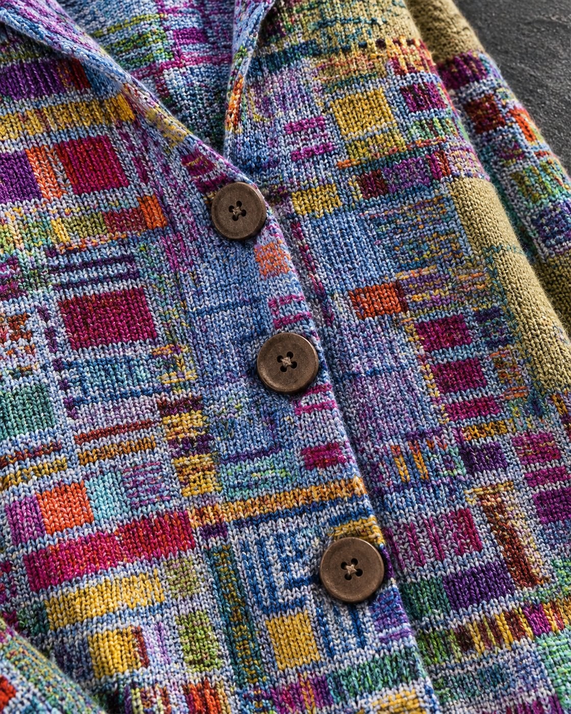 Pomence™ Button Hooded Sweater. Pomence Button Hooded Sweater, button front and print close-up, Purple