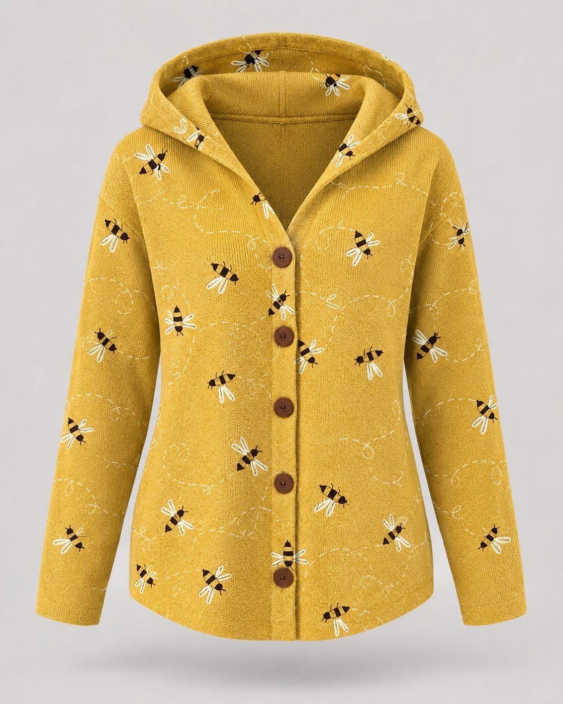 Pomence™ Button Hooded Sweater. Pomence Button Hooded Sweater, front view, Yellow bee print