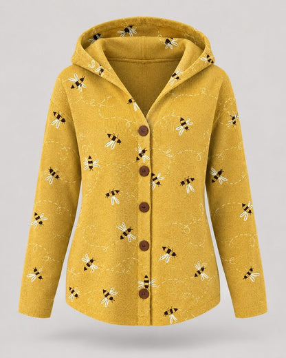 Pomence™ Button Hooded Sweater. Pomence Button Hooded Sweater, front view, Yellow bee print